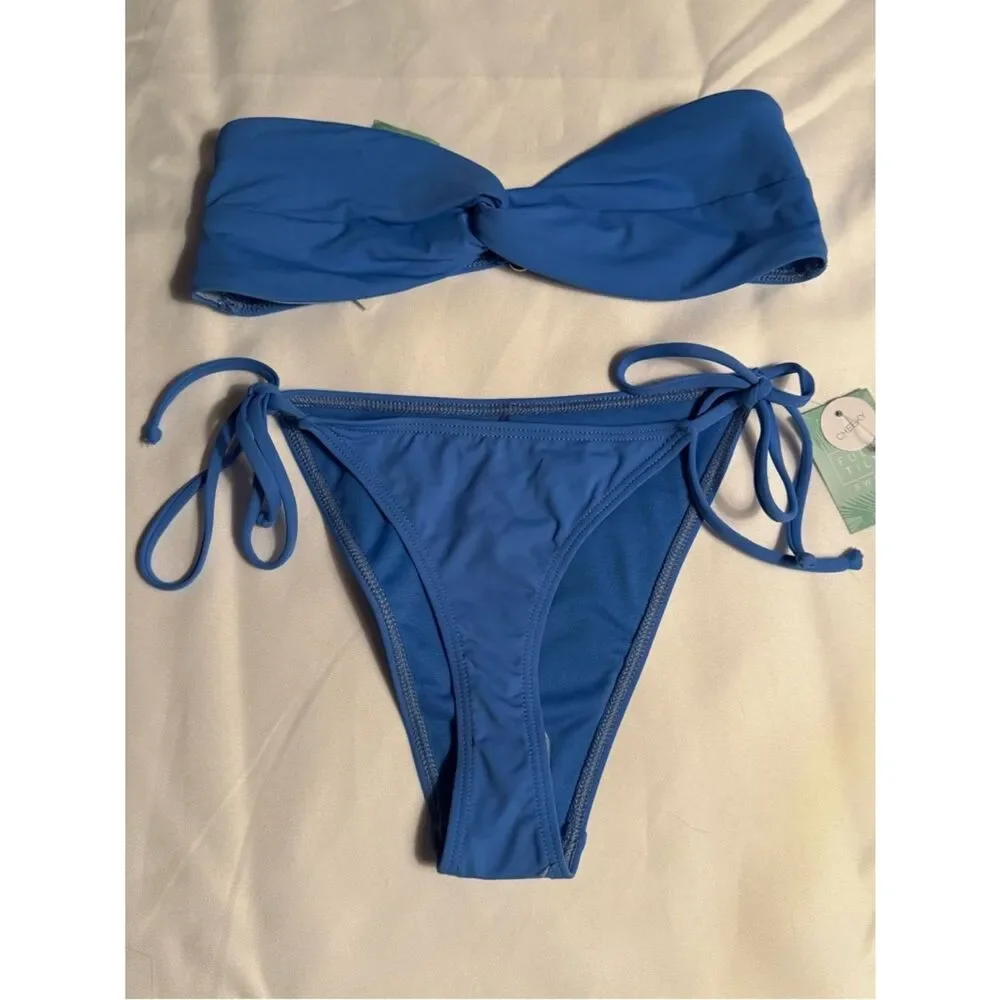 NWT Tilly’s Full Tilt Blue Twist Bandeau Bikini Set Tie Side Cheeky Bottoms